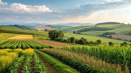 Fototapeta premium A vibrant rural landscape with rolling hills, diverse crops, and a partly cloudy sky during a serene day.