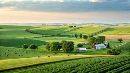 Obraz premium A peaceful rural farm with green fields, grazing sheep, and a red barn under a partly cloudy sky at sunset.