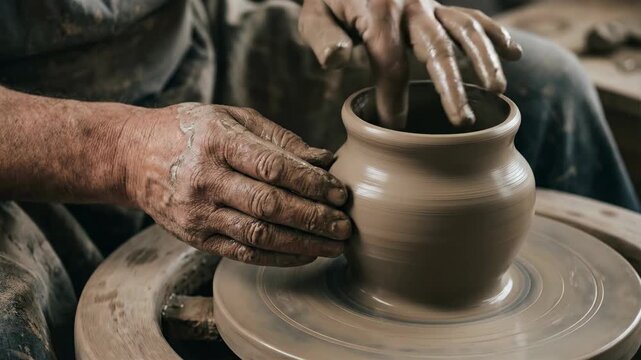Close up of a potters hands shaping clay on a spinning wheel.