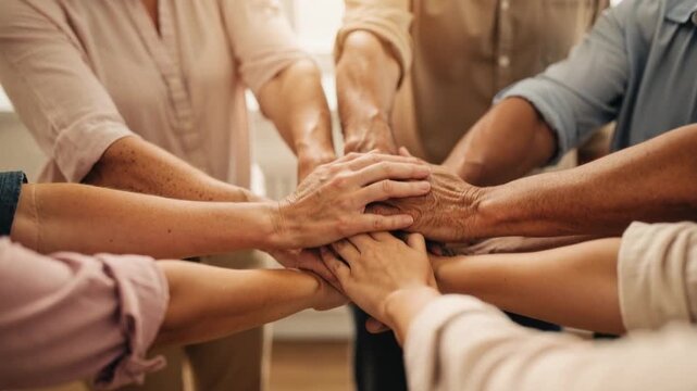 A diverse group of people joining hands in a warm unified gesture of teamwork and collaboration