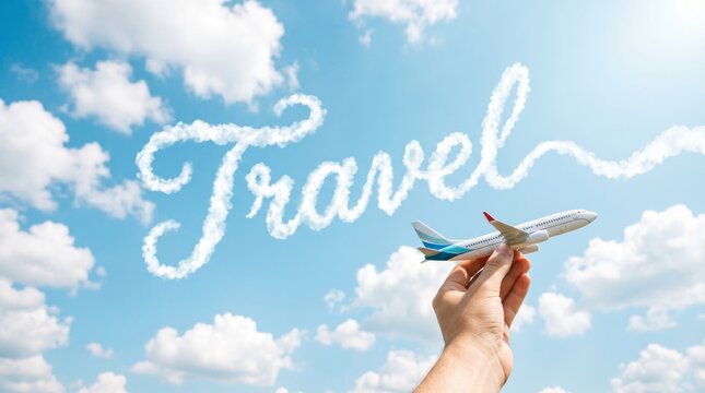 Hand holding airplane model against blue sky with travel text written in clouds. Vacation planning and airline transportation concept for tourism agency and international flight booking.