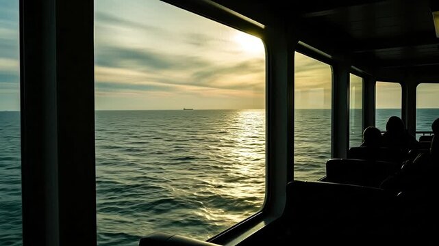 View from inside a boat of the sea during sunrise or sunset