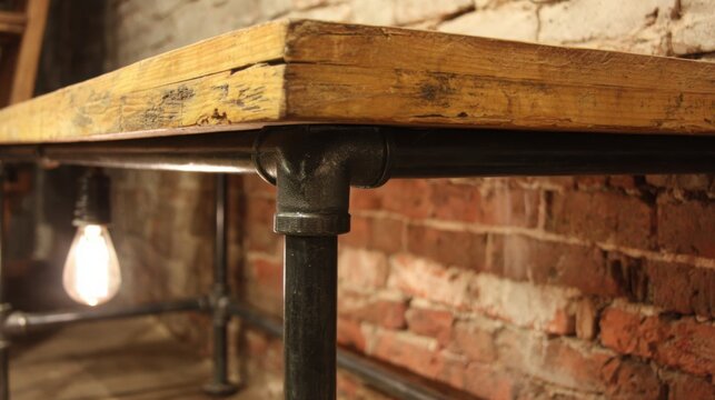 Industrial pipe leg furniture with a reclaimed wood top, showcasing rustic urban design