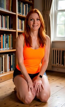 donna con capelli rossi inginocchiata in casa libreria libri 