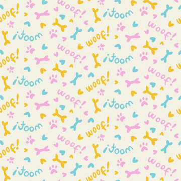 Seamless pattern with hand drawn dog bones, paw prints and woof text on light background for pet lovers wallpaper