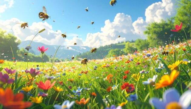 panoramica su di un ambiente naturale di campanga di fantasia, con un vasto campo d'erba pieno di fiori e insetti, catene collinari e montagne sullo sfondo, di giorno, in primavera o estate