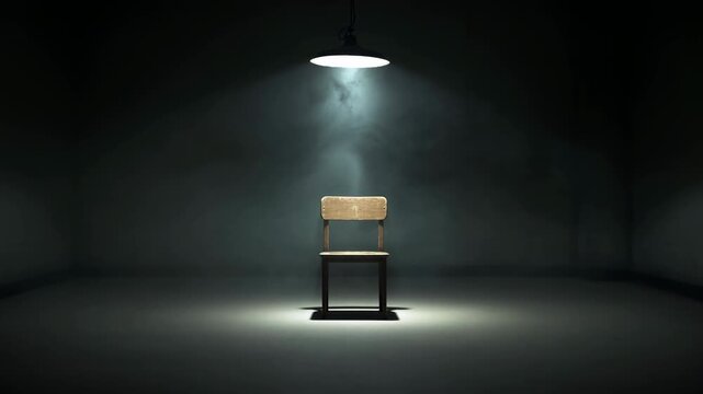 Solitary Chair Under Bright Focused Light. Vacant Chair Bathed In Intense Single Spotlight Ambiance