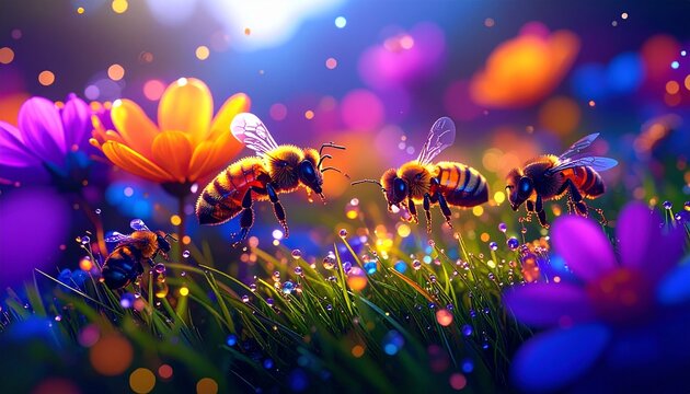 api che volano tra l'erba e i fiori, in un campo naturale, in un ambiente di fantasia, di giorno illustrazione 3D
