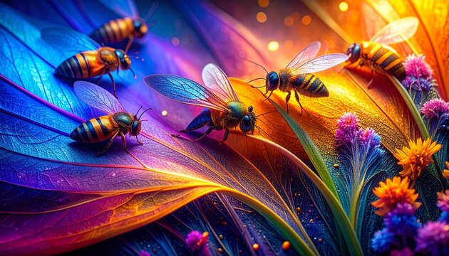 api che volano tra foglie e fiori multicolore, in un ambiente naturale di fantasia, illustrazione 3D
