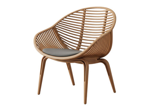 Elegant wicker chair with natural wooden frame and curved armrests isolated on white background