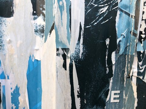 Torn peeling paper collage posters street art background layered ripped billboard advertisements, blue, white