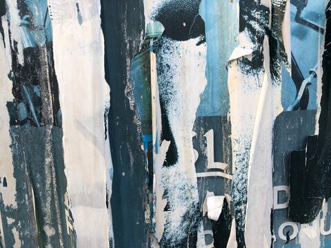 Torn peeling paper collage posters street art background layered ripped billboard advertisements, blue, white