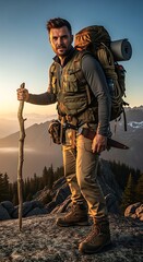 Naklejka premium Adventurous Hiker Standing on Mountain Peak with Backpack.
