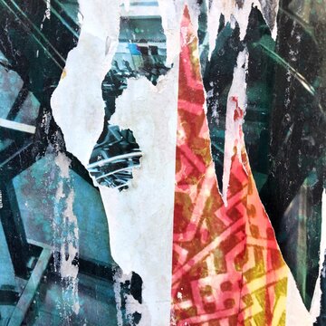 Torn peeling paper collage posters street art background layered ripped billboard advertisements, blue, white