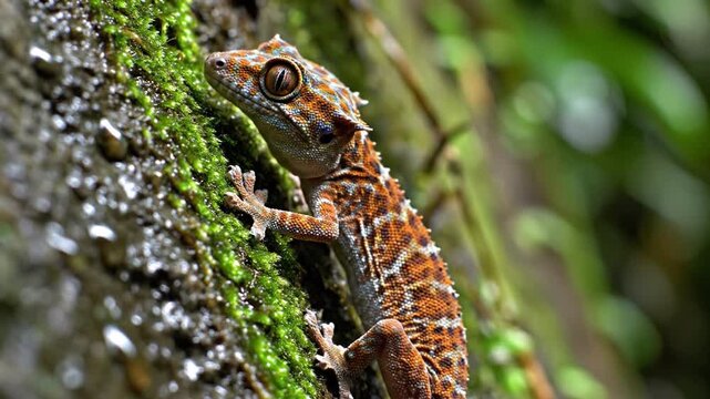 Mossy bark gecko lizard on tree trunk in tropical forest, close up macro wildlife scene with orange patterned skin and blurred green background