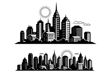 Contemporary Urban Landscape Illustration Presenting a Vibrant City Skyline Featuring Various Tall Buildings, Residential Houses, and Green Trees Under a Bright Sun During the Daytime © bioraven