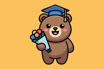 Obraz premium A cute cartoon bear wearing a blue graduation cap and holding a colorful bouquet of flowers, standing on a plain orange background.