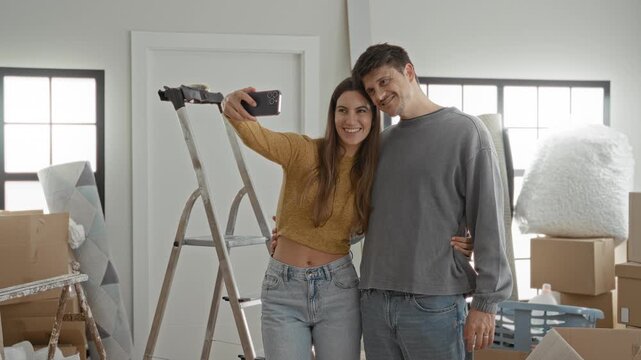 Man and woman smiling with arm around while taking a selfie with smartphone amid packed boxes, ladder and bubblewrap in building; moving joy together.