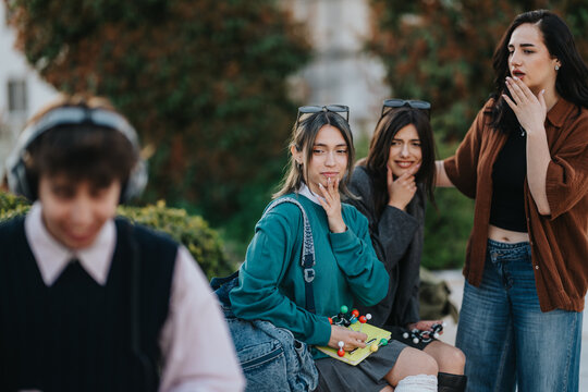 Three students watch a classmate wearing headphones with amused and curious expressions. Young friends sit outdoors whispering and reacting to something their peer is doing.