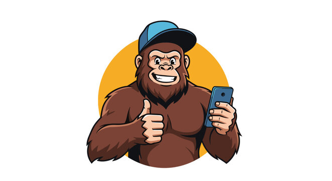 Large brown gorilla character wearing a blue baseball cap and giving a thumbs up while holding a smartphone against a yellow circle background.