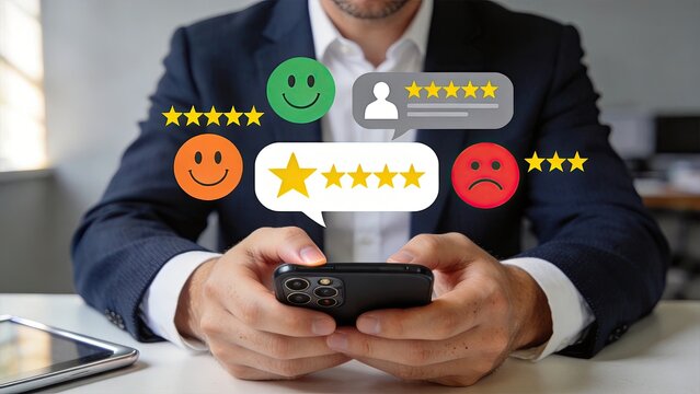 Businessman holding smartphone digital graphic elements of online reviews with star ratings and smiley faces customer feedback concepts social media marketing strategy for