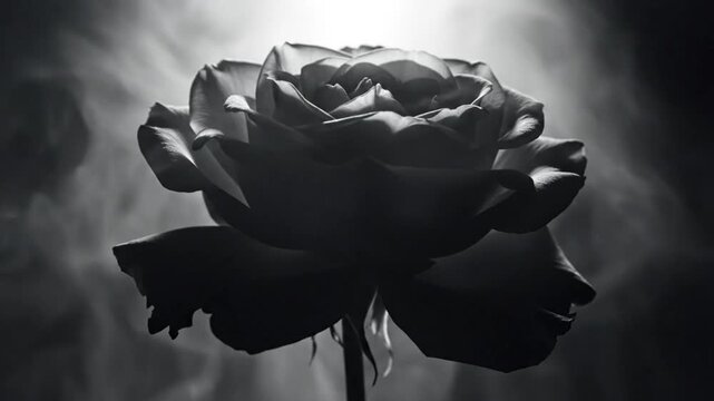 Black and white close-up of a blooming rose with petals and stem against a blurred background