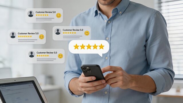 Businessman holding smartphone receiving positive customer reviews online on mobile screen five star rating feedback happy client testimonials for company service or product