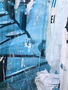 Torn peeling paper collage posters street art background layered ripped billboard advertisements, blue, white, green