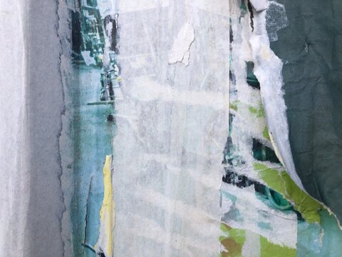 Torn peeling paper collage posters street art background layered ripped billboard advertisements, blue, white, green