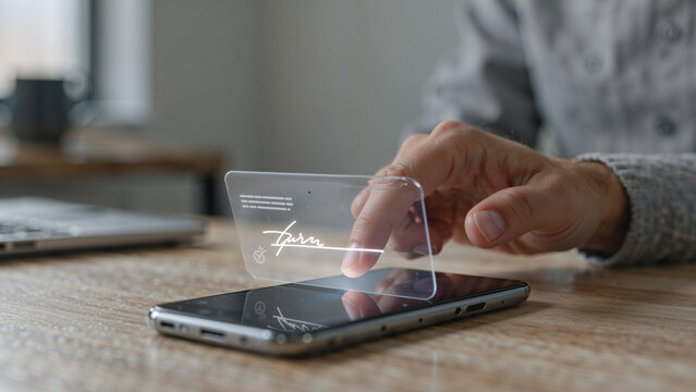 Person signing document on futuristic phone