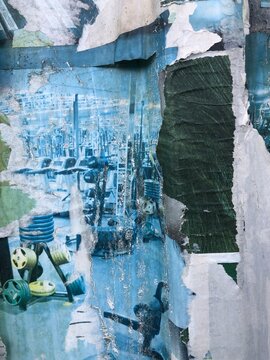 Torn peeling paper collage posters street art background layered ripped billboard advertisements, blue, white, green
