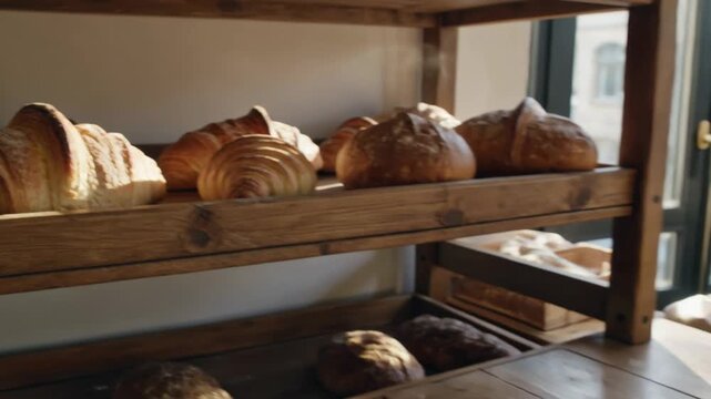 fresh croissants artisan bakery pastries wooden shelves morning light display with golden baked goods and a baker serving from a tray to convey quality warmth tradition and appetizing food retail