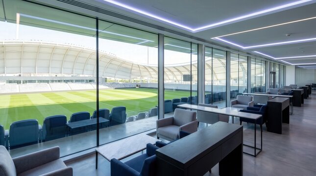 Luxury VIP corporate suite overlooking a modern soccer stadium. Executive hospitality lounge for business entertainment and sports events.