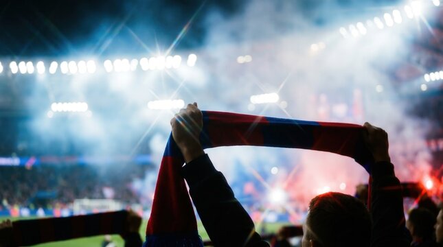 Football fan holding team scarf high during match celebration in crowded stadium. Sports fandom and cheering atmosphere at night game event.
