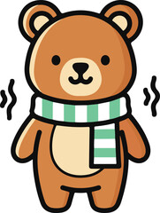 Fototapeta premium Cute cartoon brown bear wearing a striped scarf, shivering in the cold weather illustration.