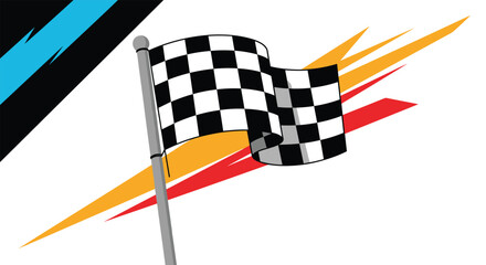 Fototapeta premium Classic black and white checkered racing flag waves on a metal pole against a backdrop of colorful abstract streaks.
