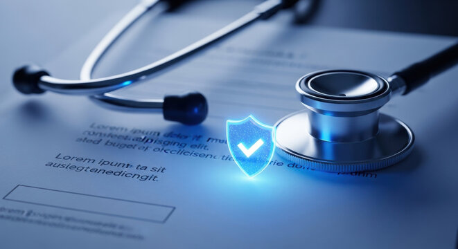 Stethoscope on medical document with digital shield icon, symbolizing health insurance coverage, medical policy and patient protection in modern healthcare system and clinical services