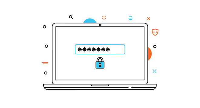 Modern laptop computer graphic shows a secure password login screen with a lock icon and abstract design elements.