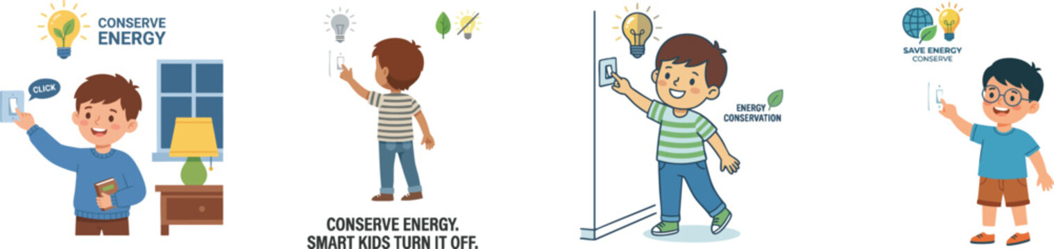 Smart boy collection turning off light in room. Cute child switches off the electricity after using it to conserve energy. Caring for the environment, energy conservation concept. flat vector illustra