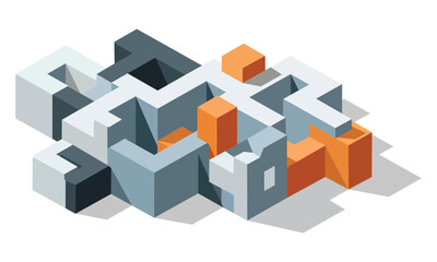 Fototapeta premium A complex 3d isometric illustration of variously colored cubes and rectangular prisms arranged in a mazelike structure