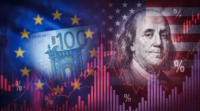 Global financial crisis and inflation chart with Euro banknote and US dollar background. Economy recession, currency exchange risk, and international market volatility concept.