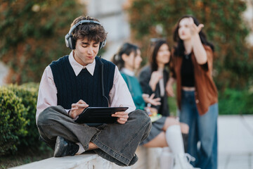 Fototapeta premium A student sits cross-legged on a low wall wearing headphones and using a tablet. Friends chat and gesture in the blurred background on campus outdoors.