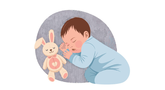 Sleeping baby dressed in a soft blue onesie rests on a textured grey circular mat beside a beige rabbit toy in a cozy and tranquil nursery interior.