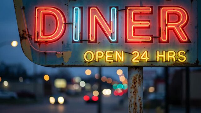 Retro Diner Neon Sign Open 24 Hours at Dusk.
