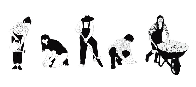 Architectural people/ character in elevation view - people and children gardening - 2D- Stylish and fashionable people- black and white