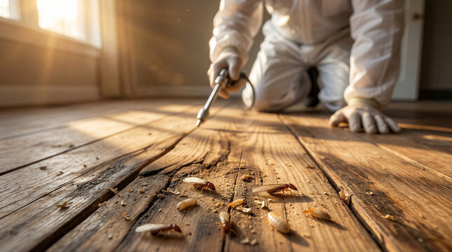 Professional pest control technician treating termite infestation in damaged wooden floorboards with specialized equipment