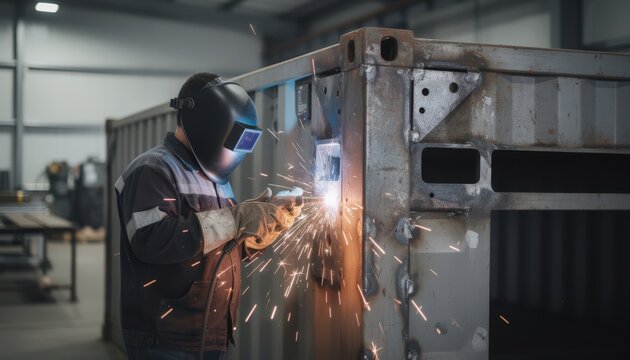 Detailed medium shot capturing welding of reeferready container corner castings showcasing preparation for refrigeration equipment installation.