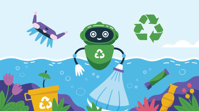 Green robot cleaning ocean plastic waste with a net, recycling symbol, flat pollution