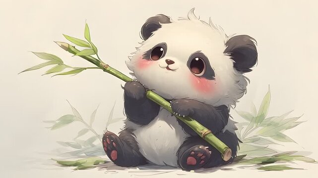 Adorable baby panda holding bamboo in a cute cartoon style