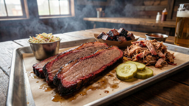 Delicious smoked brisket platter with pulled pork, coleslaw, and pickles on a rustic wooden table in a barbecue restaurant setting